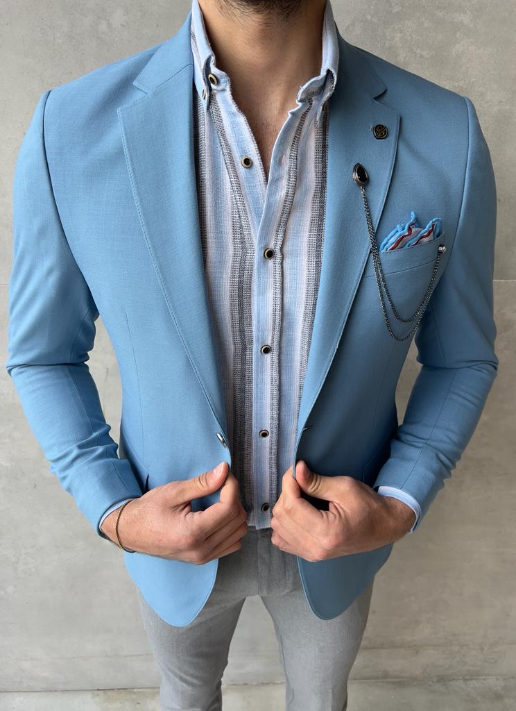 Slim Fit Blue Linen Blend Jacket, Dapper Style