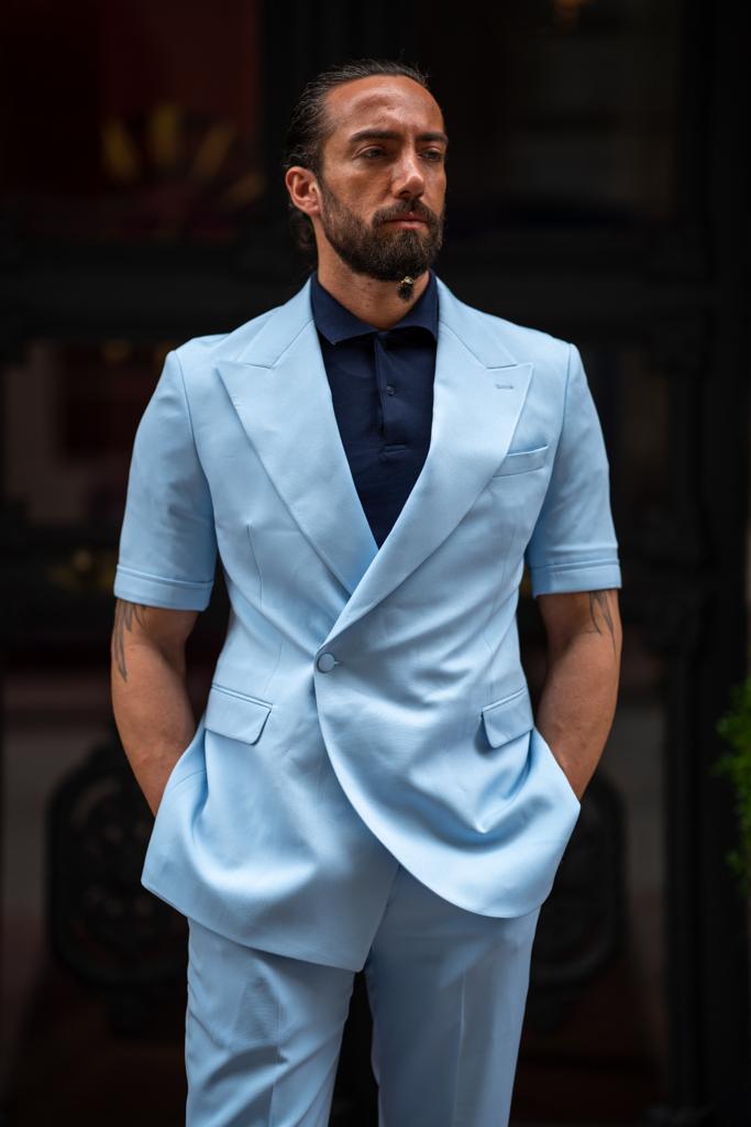Blue Short Sleeve Summmer Casual Suit - Bold Summer Statement | HolloMen Blue Short Sleeve Summmer Casual Suit - Bold Summer Statement | HolloMen
