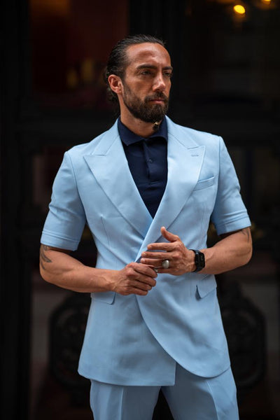 Blue Short Sleeve Summmer Casual Suit - Bold Summer Statement | HolloMen Blue Short Sleeve Summmer Casual Suit - Bold Summer Statement | HolloMen