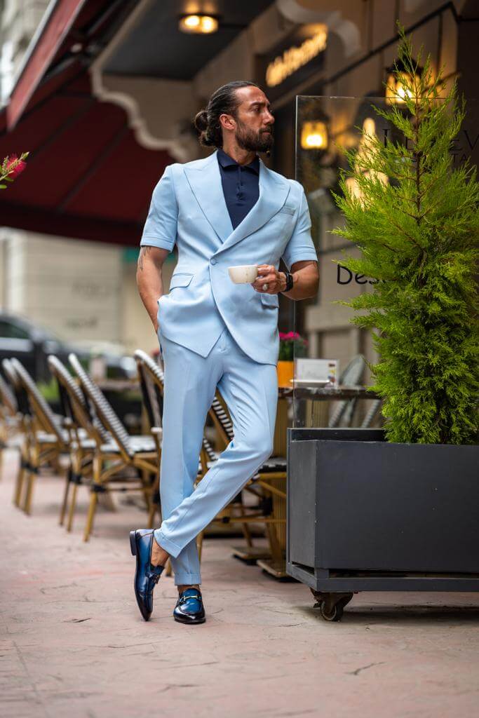 Blue Short Sleeve Summmer Casual Suit - Bold Summer Statement | HolloMen Blue Short Sleeve Summmer Casual Suit - Bold Summer Statement | HolloMen