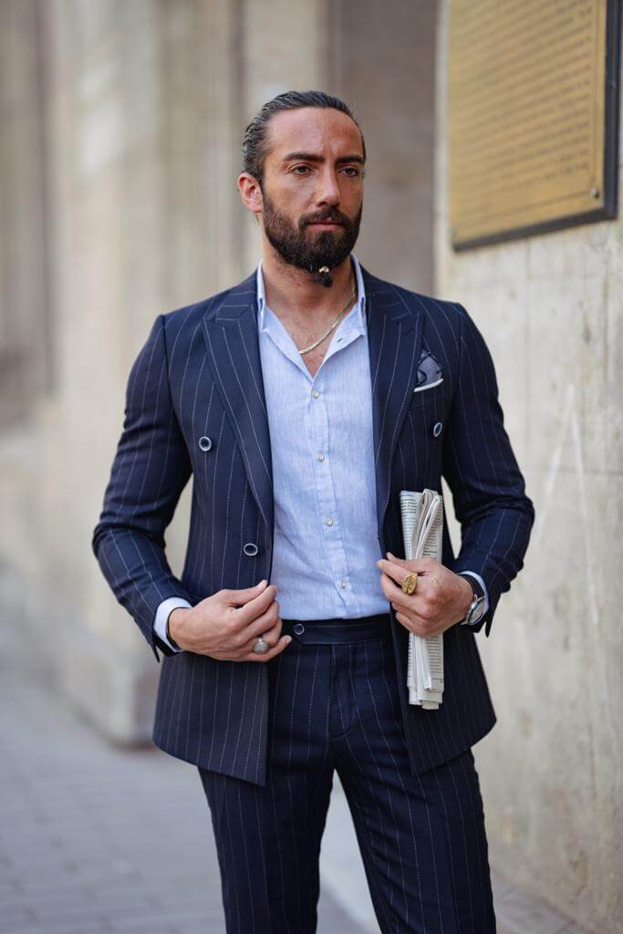A Striped Blue Double Breasted Suit