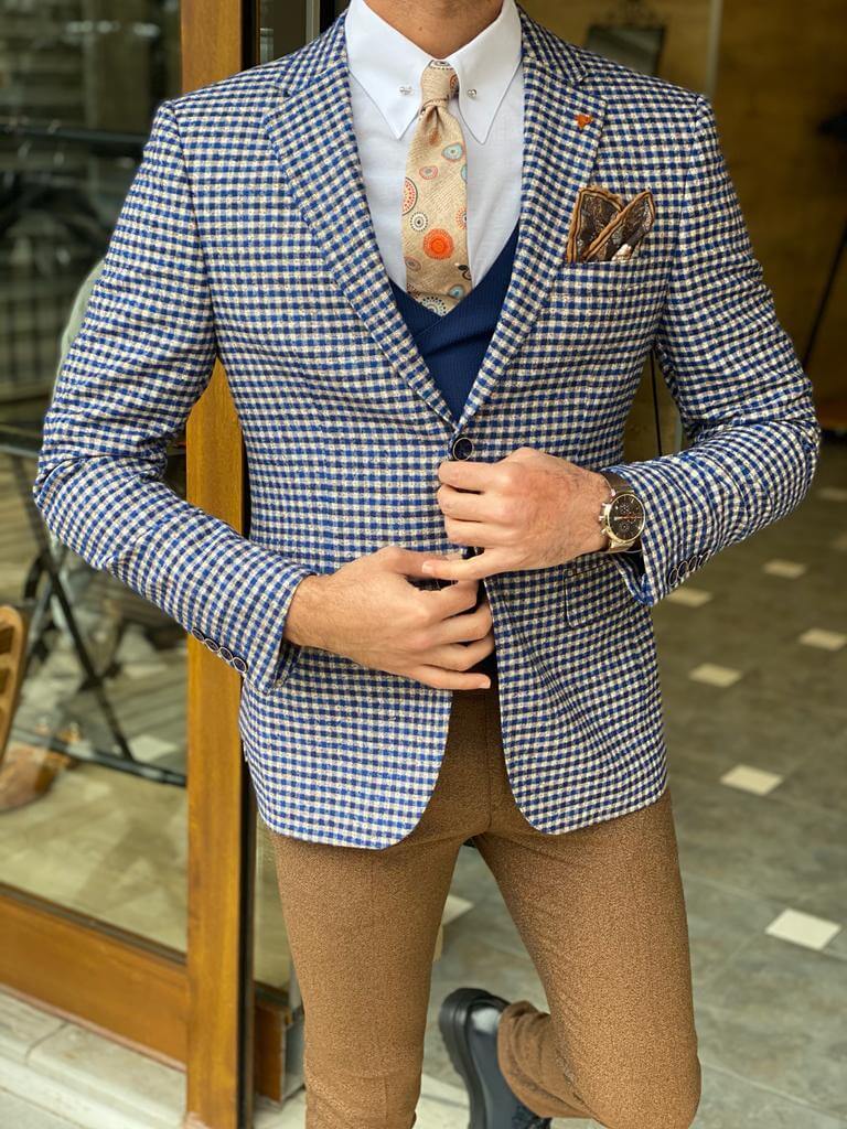 I-Brava Slim Fit Plaid Blue Suit