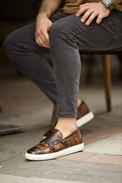 Monaco Brown Croc Monk Strap Sneakers. – HolloMen