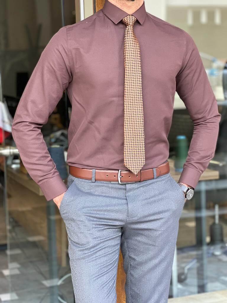 A stylish brown dress shirt with a long sleeves
