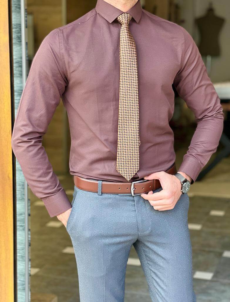 A stylish brown dress shirt with a long sleeves