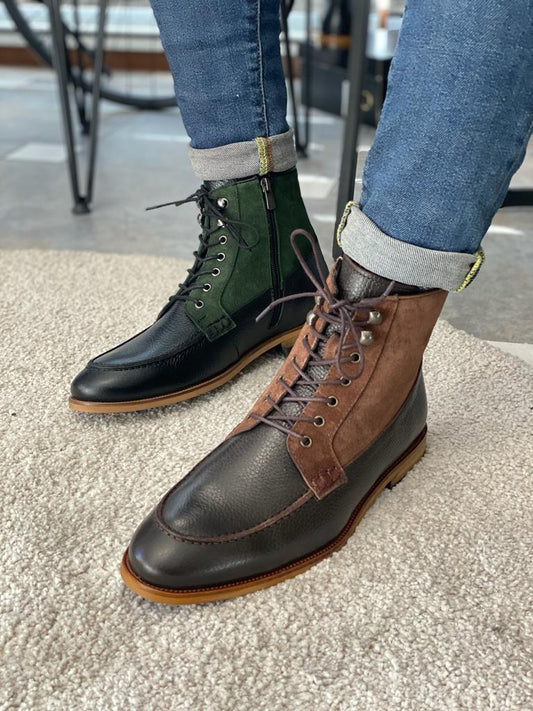 棕色 & 绿色麂皮细节靴