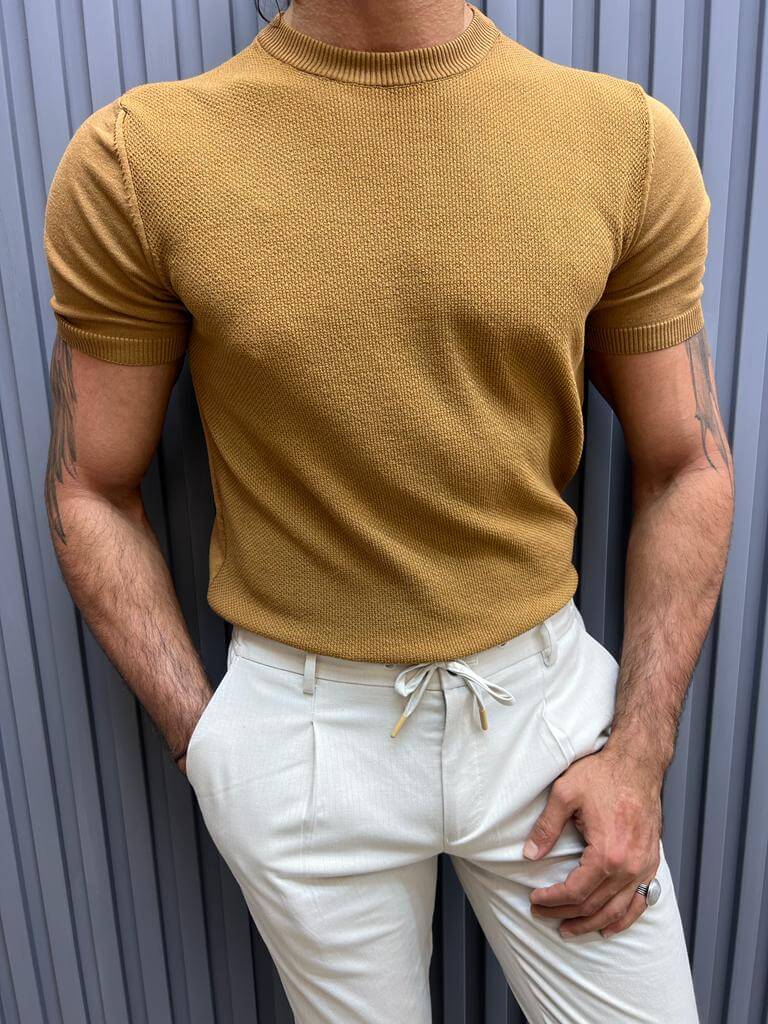 Camel-colored knit t-shirt with textured pattern