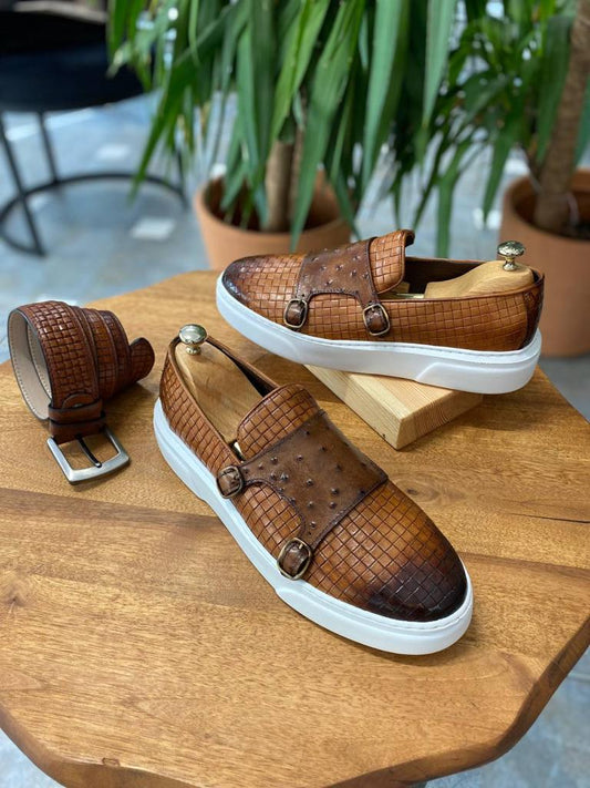 Camel leather monk strap shoes with a textured woven-style EVA sole, designed for fall-winter versatility and comfort.