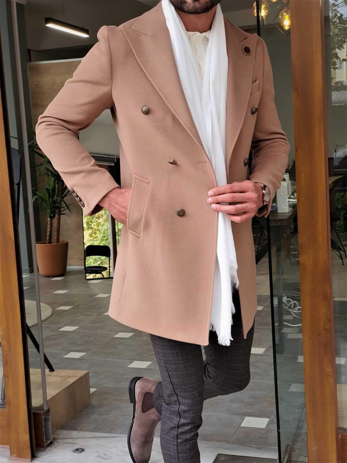 COLDEN DOUBLE BREASTED BEIGE WOOL COAT - Hollo Men