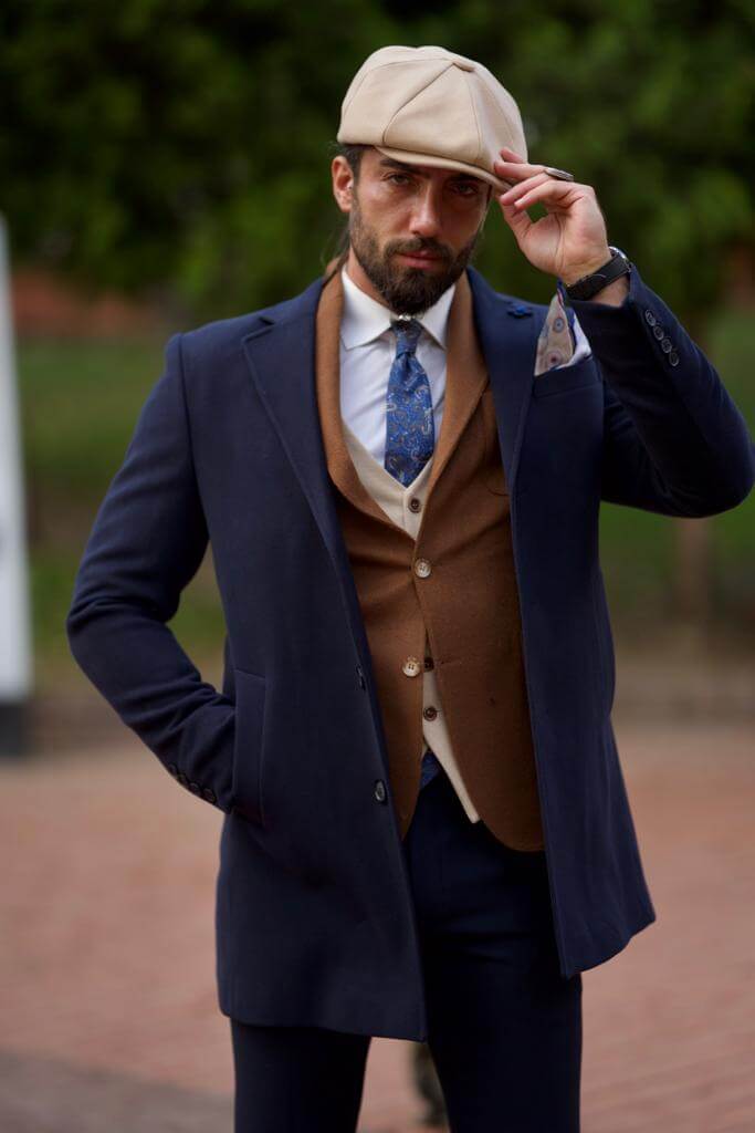 Dark Blue Cachet Coat for a timeless look, worn by a model