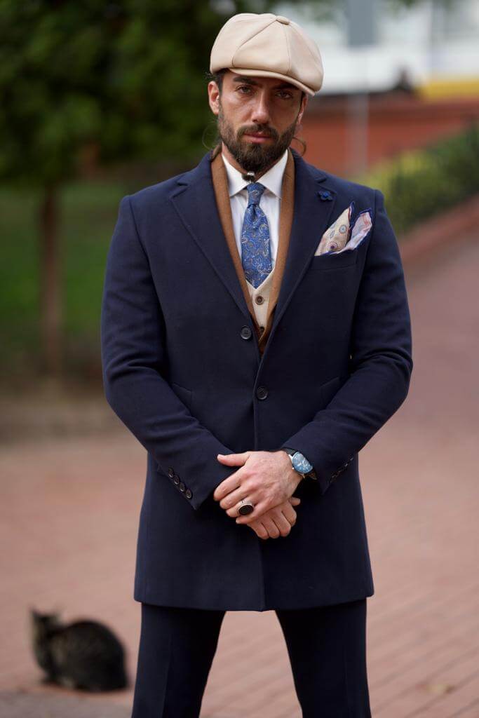 Dark Blue Cachet Coat for a timeless look, worn by a model