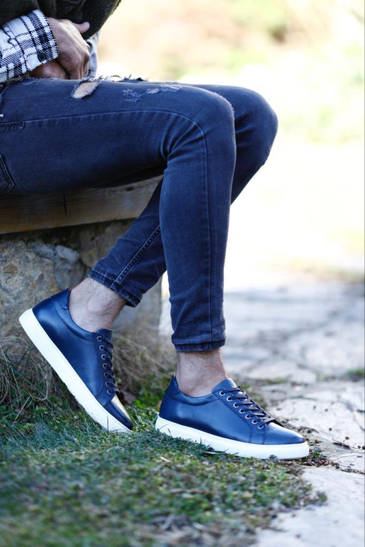 Santorini dark blue leather lace-up sneakers with lightweight EVA soles, crafted for smart casual and everyday style.
