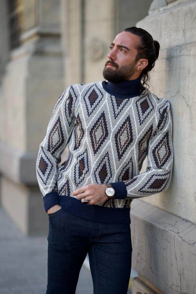 Image featuring a stylish Dark Blue Patterned Wool Sweater from HolloMen, showcasing its intricate pattern and rich color.