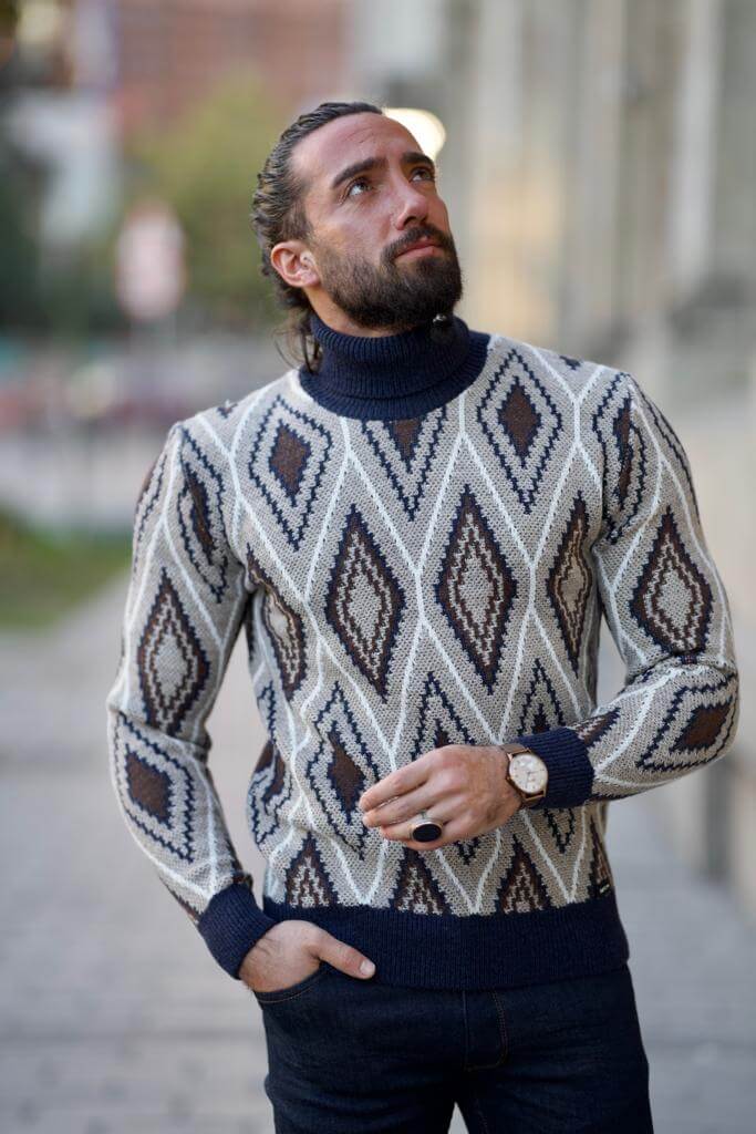 Image featuring a stylish Dark Blue Patterned Wool Sweater from HolloMen, showcasing its intricate pattern and rich color.