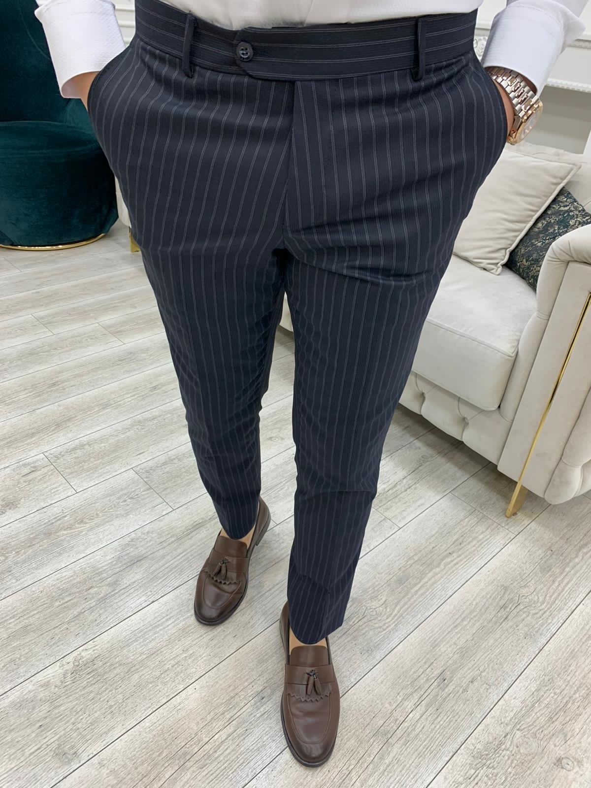 Dark Navy Blue Striped Double Breasted Suit