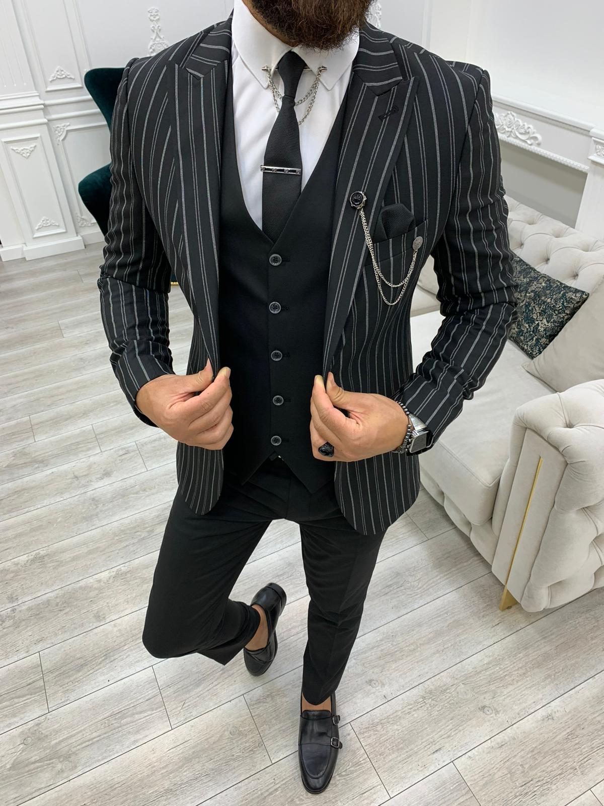 Dijon Striped Black Suit - Hollo Men