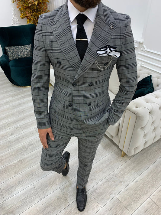Double Breasted Gray Patterned Suit