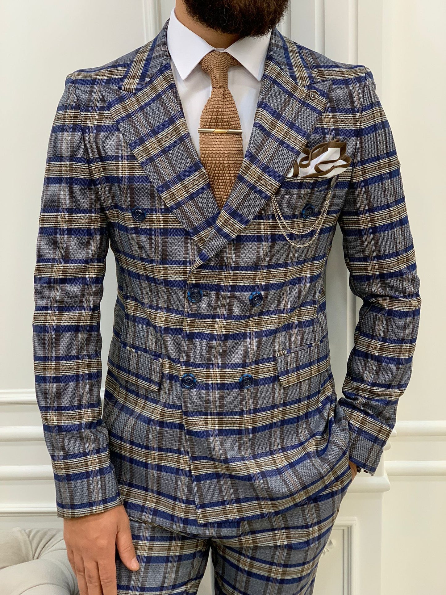 Double Breasted Plaid Blue Suit