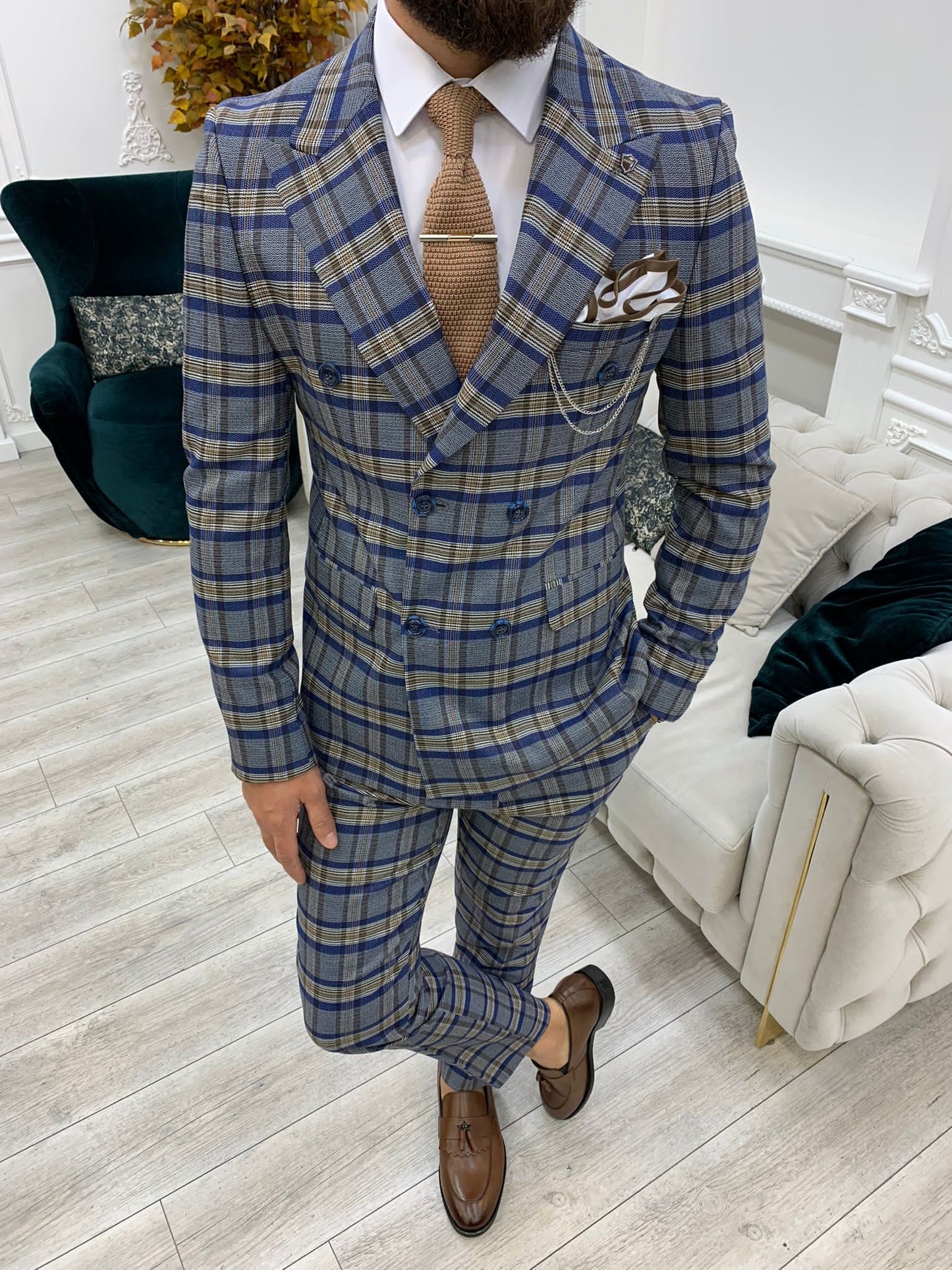 Double Breasted Plaid Blue Suit