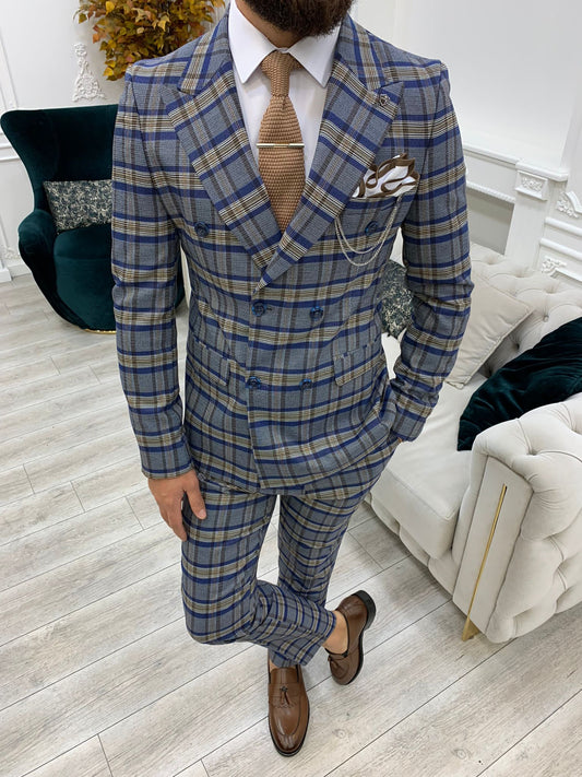 I-Double Breasted Plaid Blue Suit