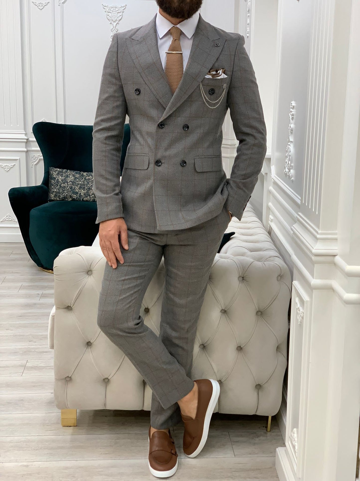 Double Breasted Plaid Gray Suit