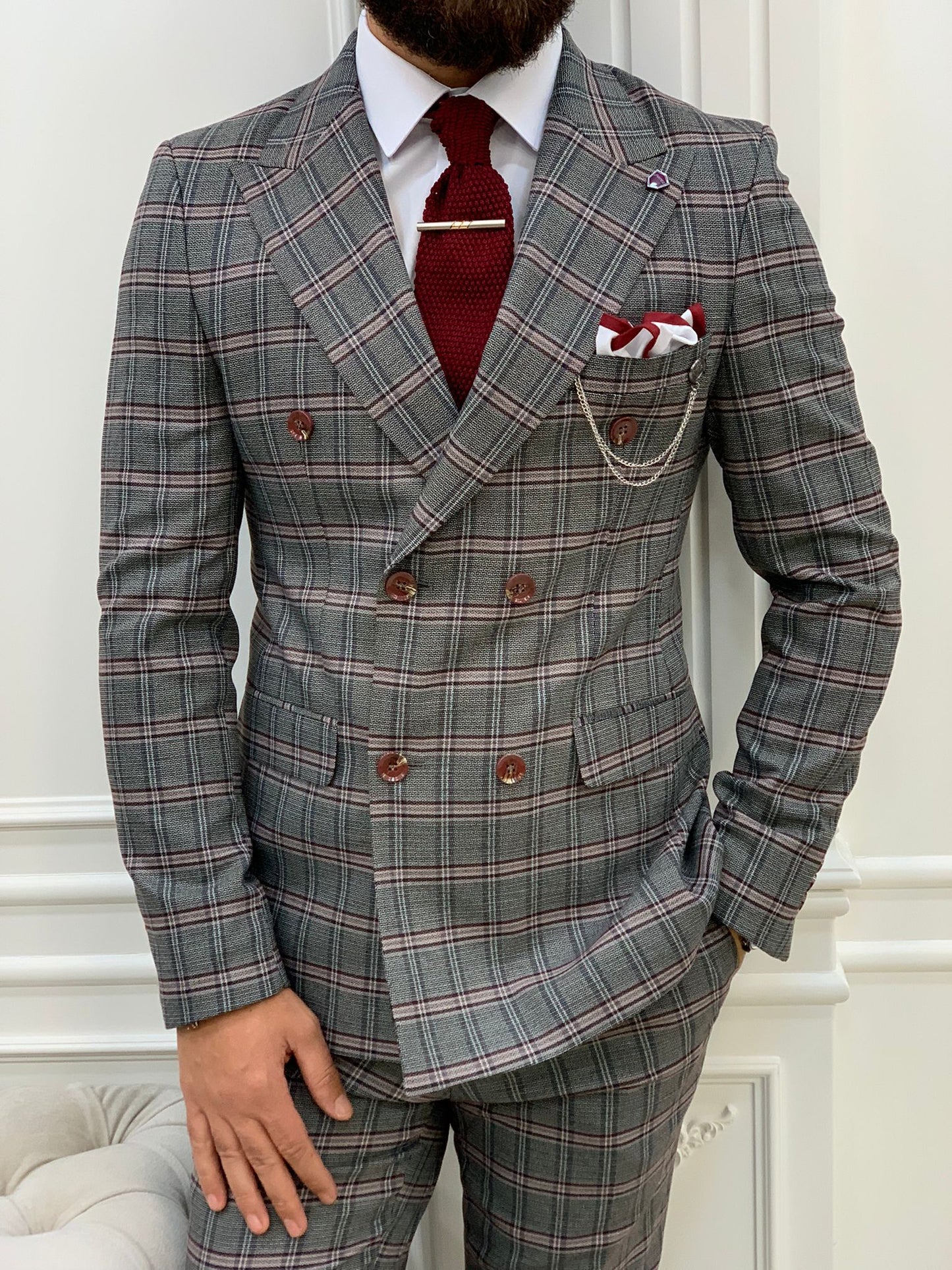 Double Breasted Plaid Pink Suit