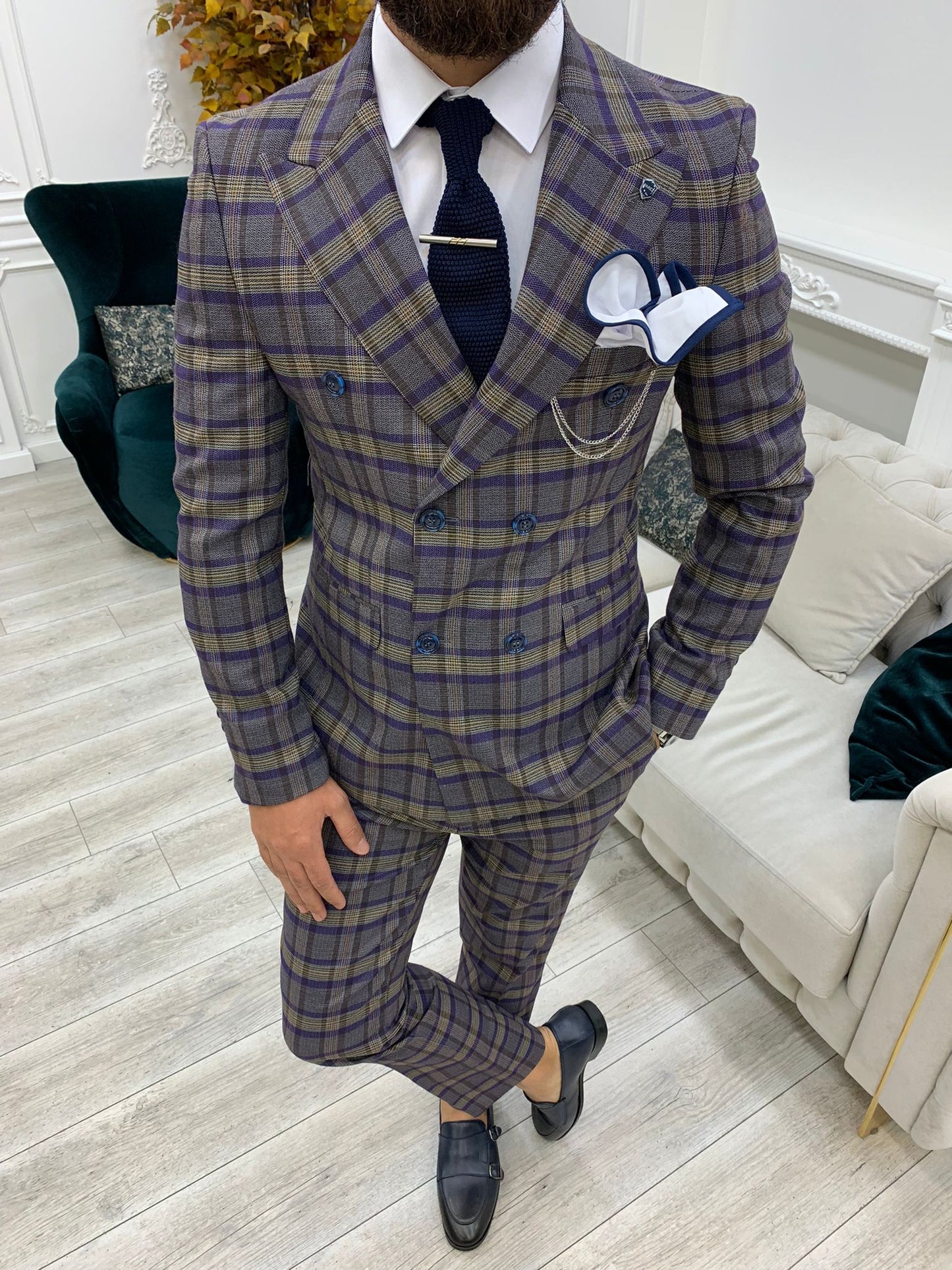 Double Breasted Plaid Purple Suit