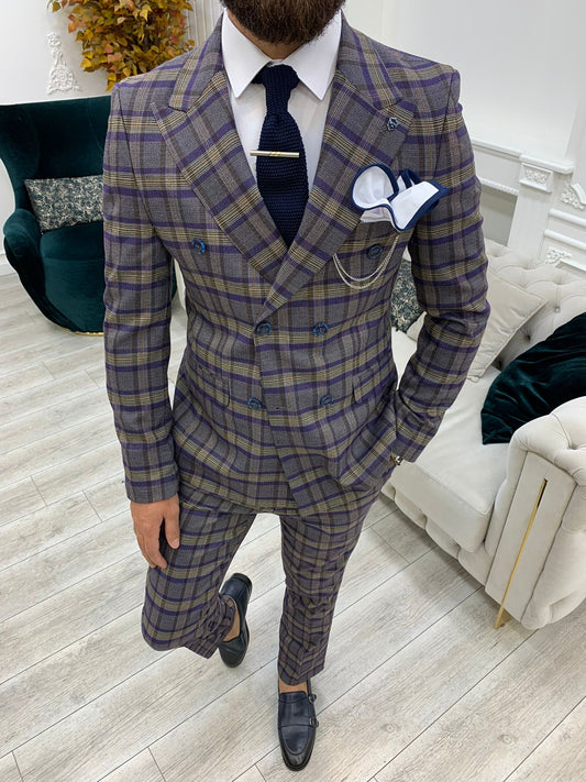 I-Double Breasted Plaid Purple Suit