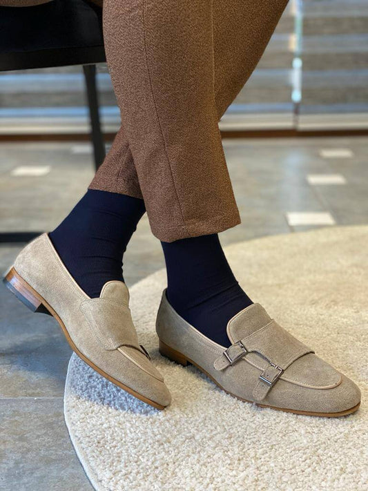 I-Double Buckle Beige Suede Loafers