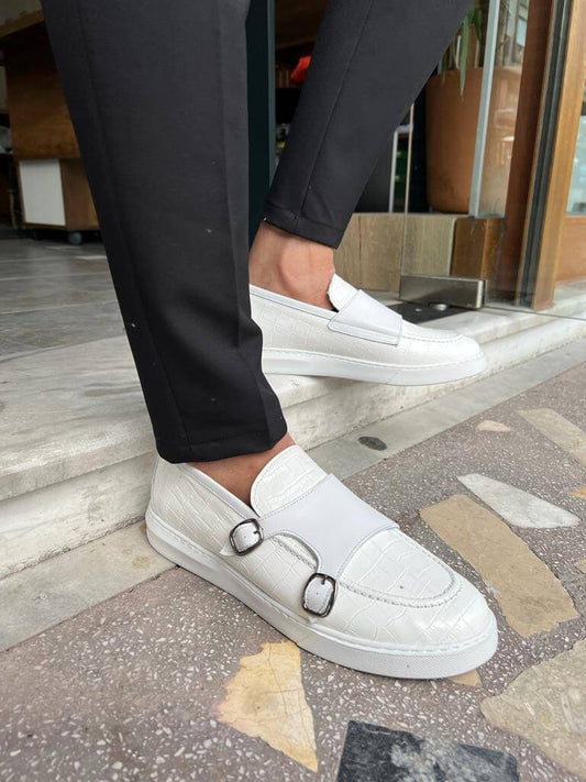 Stylish men's white double buckle monk strap shoes made from genuine leather with a sleek white EVA sole, ideal for formal and smart-casual wear.