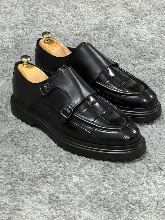 Pantof negru cu curele dublu călugăr