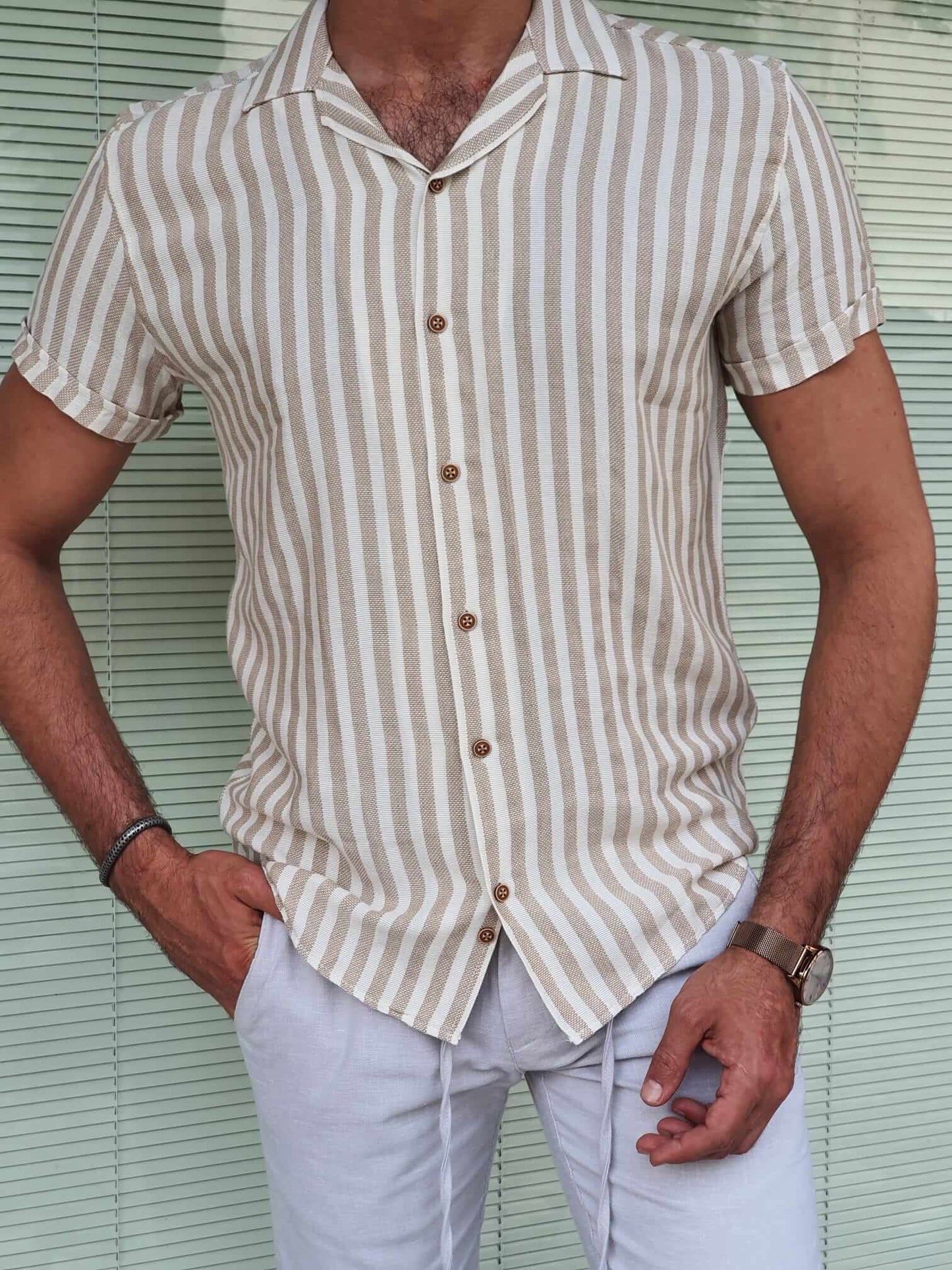 Ecru & Beige Striped Shirt - Hollo Men