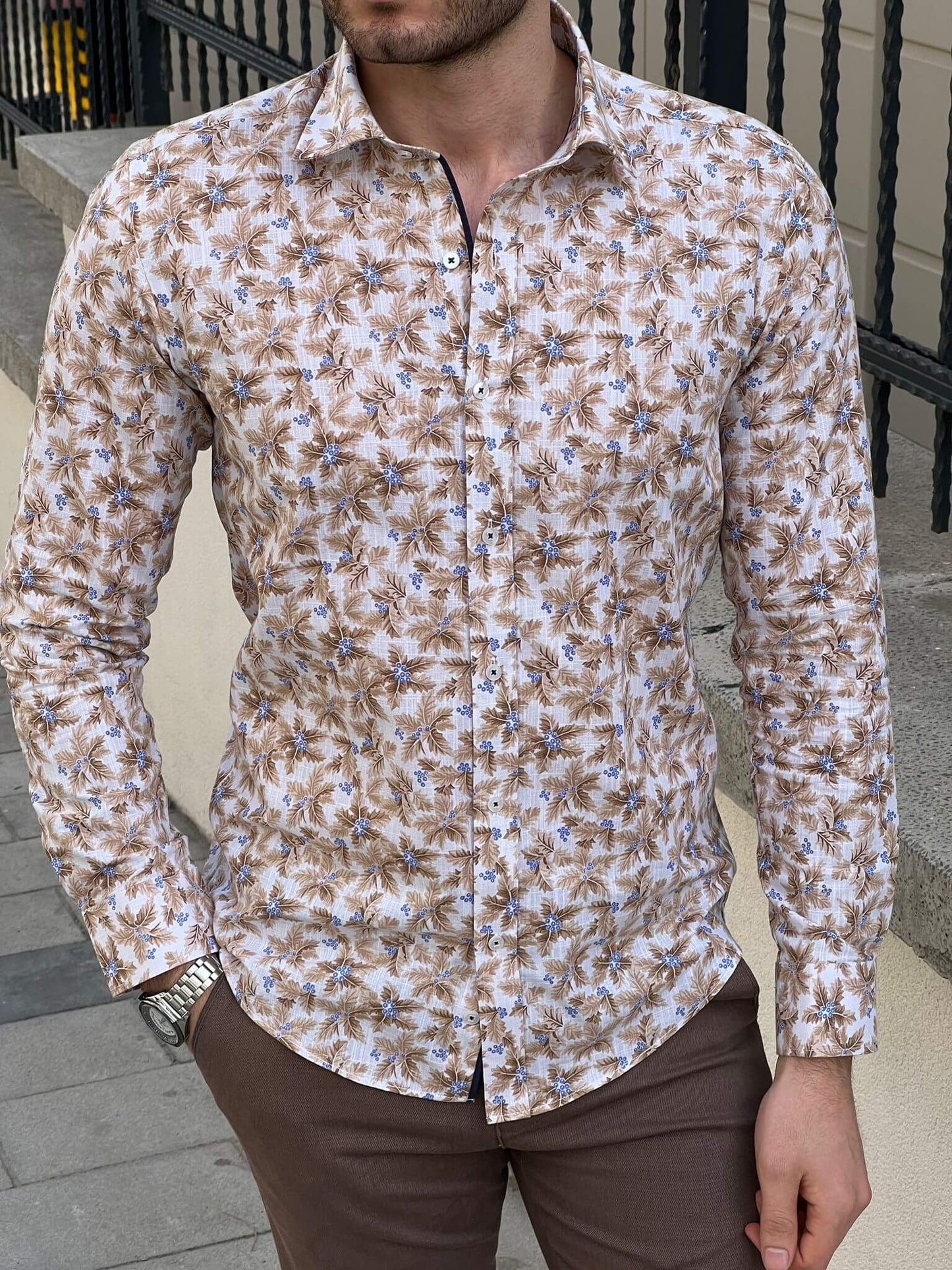 A comfortable and elegant floral beige cotton shirt for any occasion