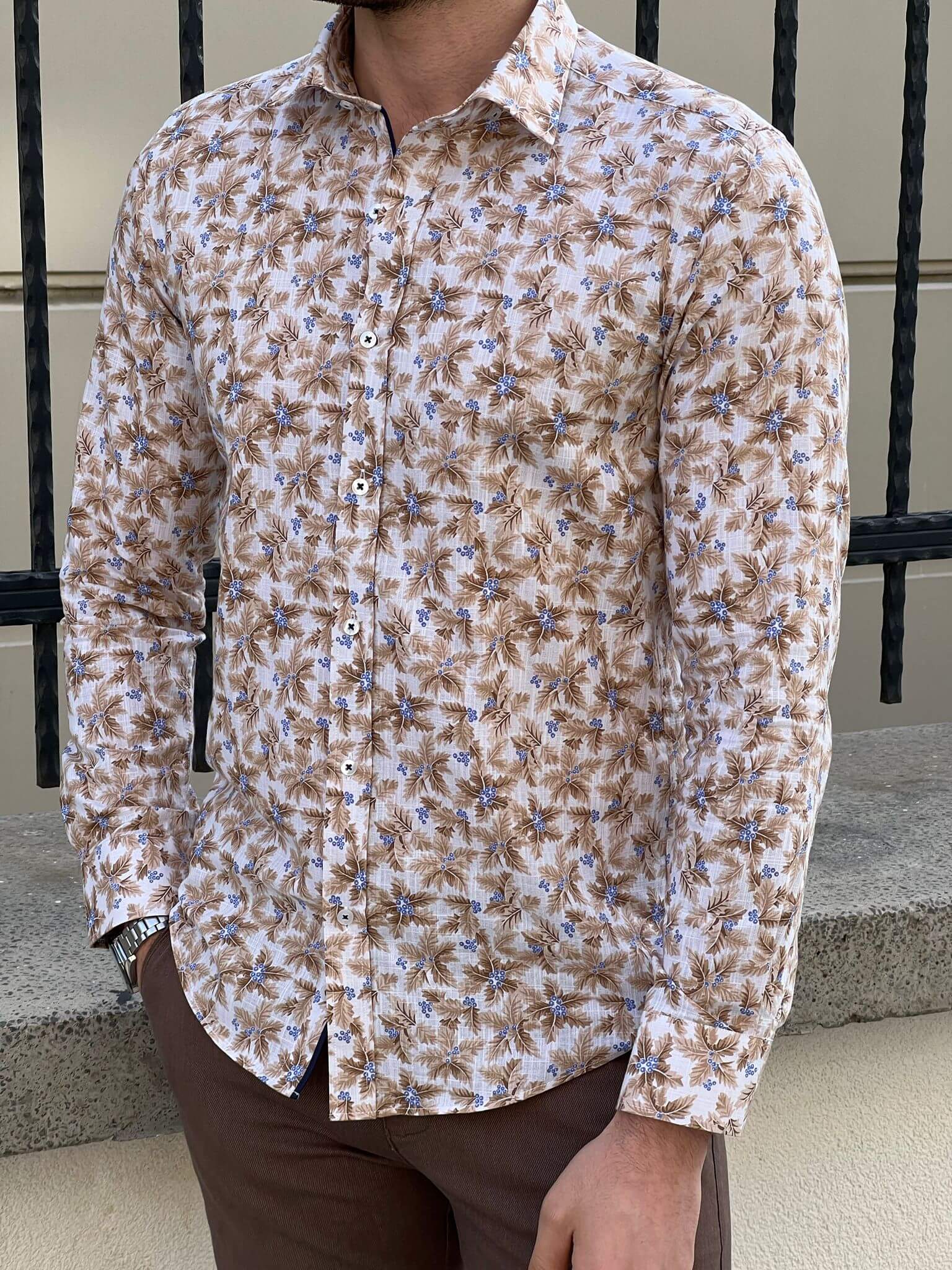 A comfortable and elegant floral beige cotton shirt for any occasion