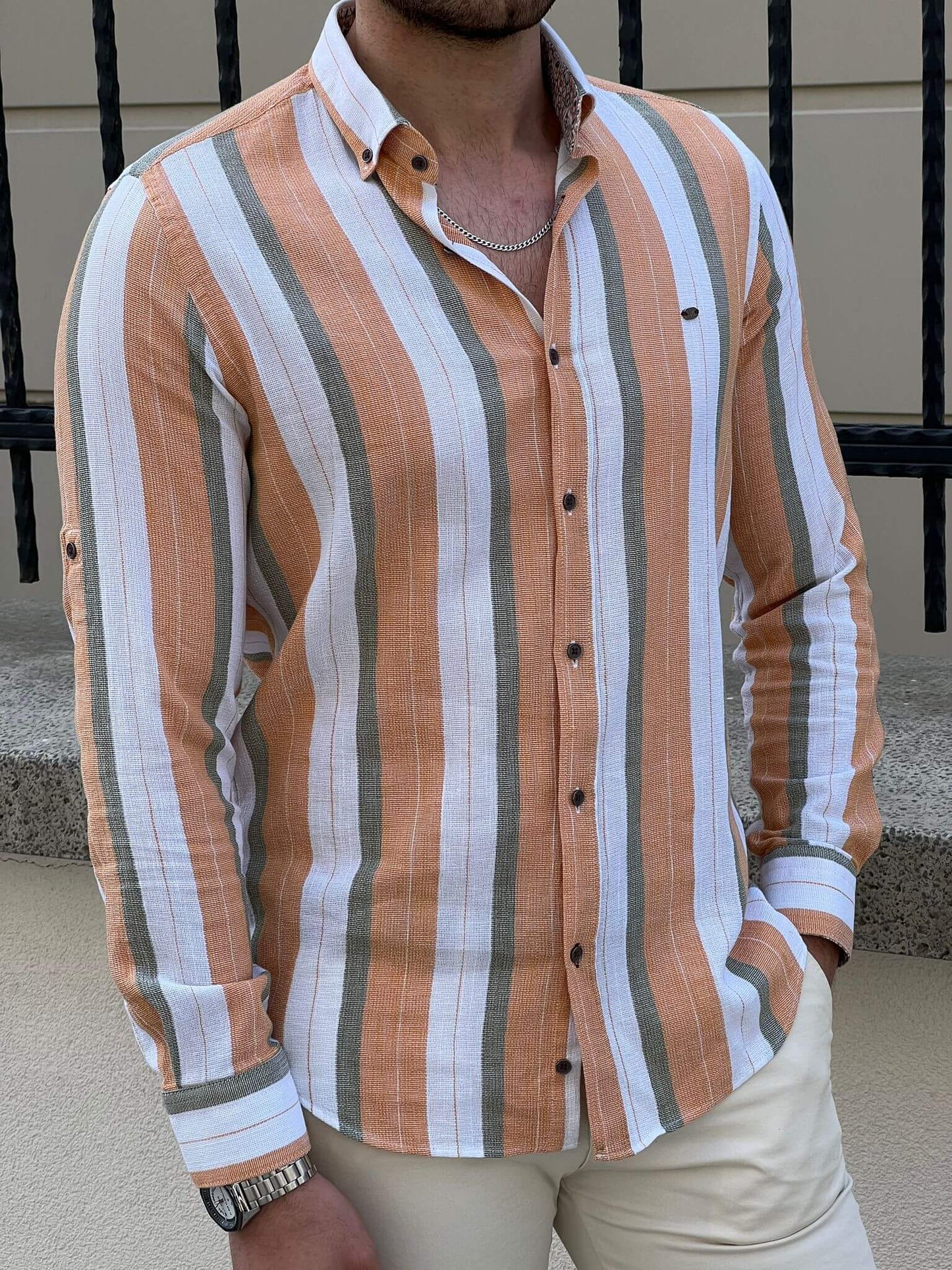 Folded sleeve shirt in mustard color with trendy stripes