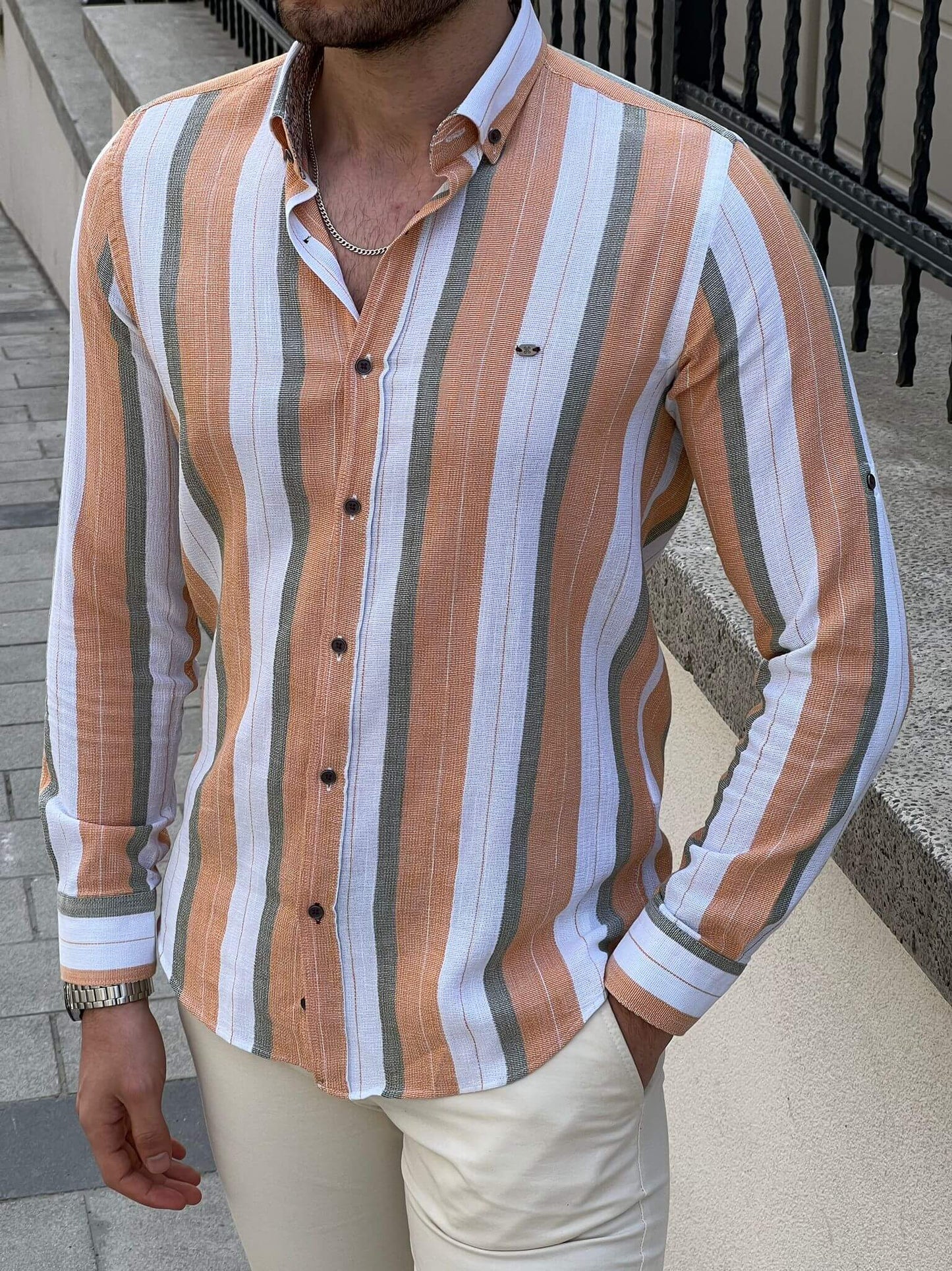 Foldable Sleeve Striped Mustard Shirt