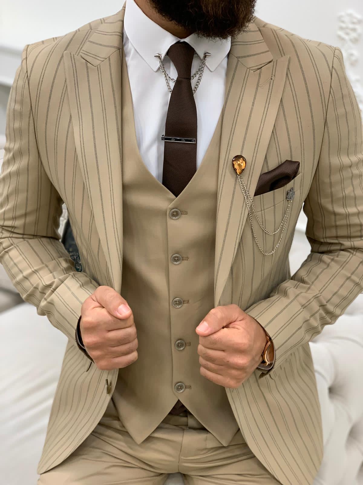 Grava Striped Cream Suit - Hollo Men