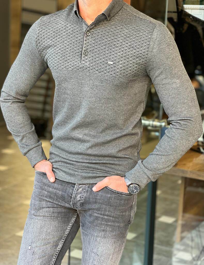A gray knitwear with a classic polo collar, featuring a textured pattern and a comfortable fit."