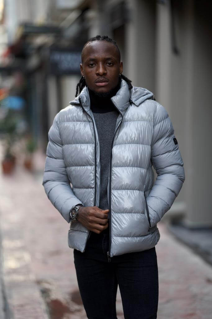 Classic gray puffer jacket with a modern twist