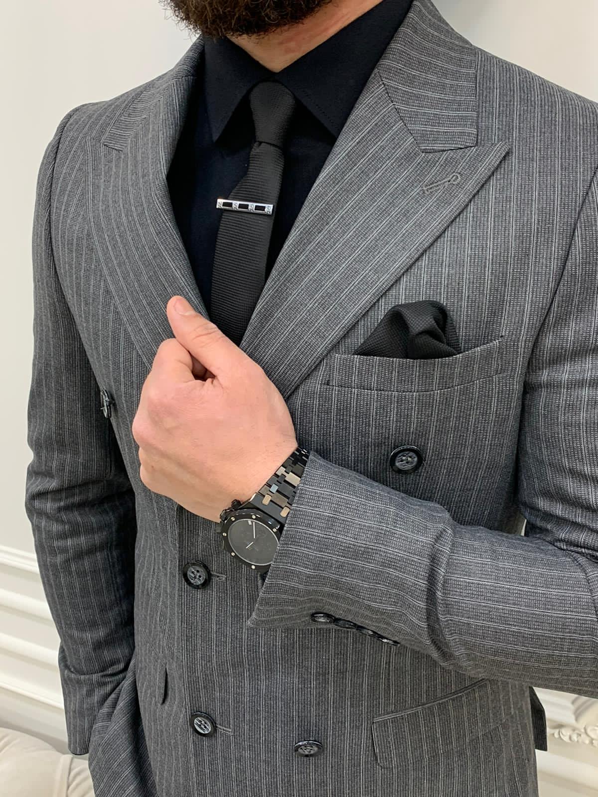 Gray Striped Double Breasted Suit
