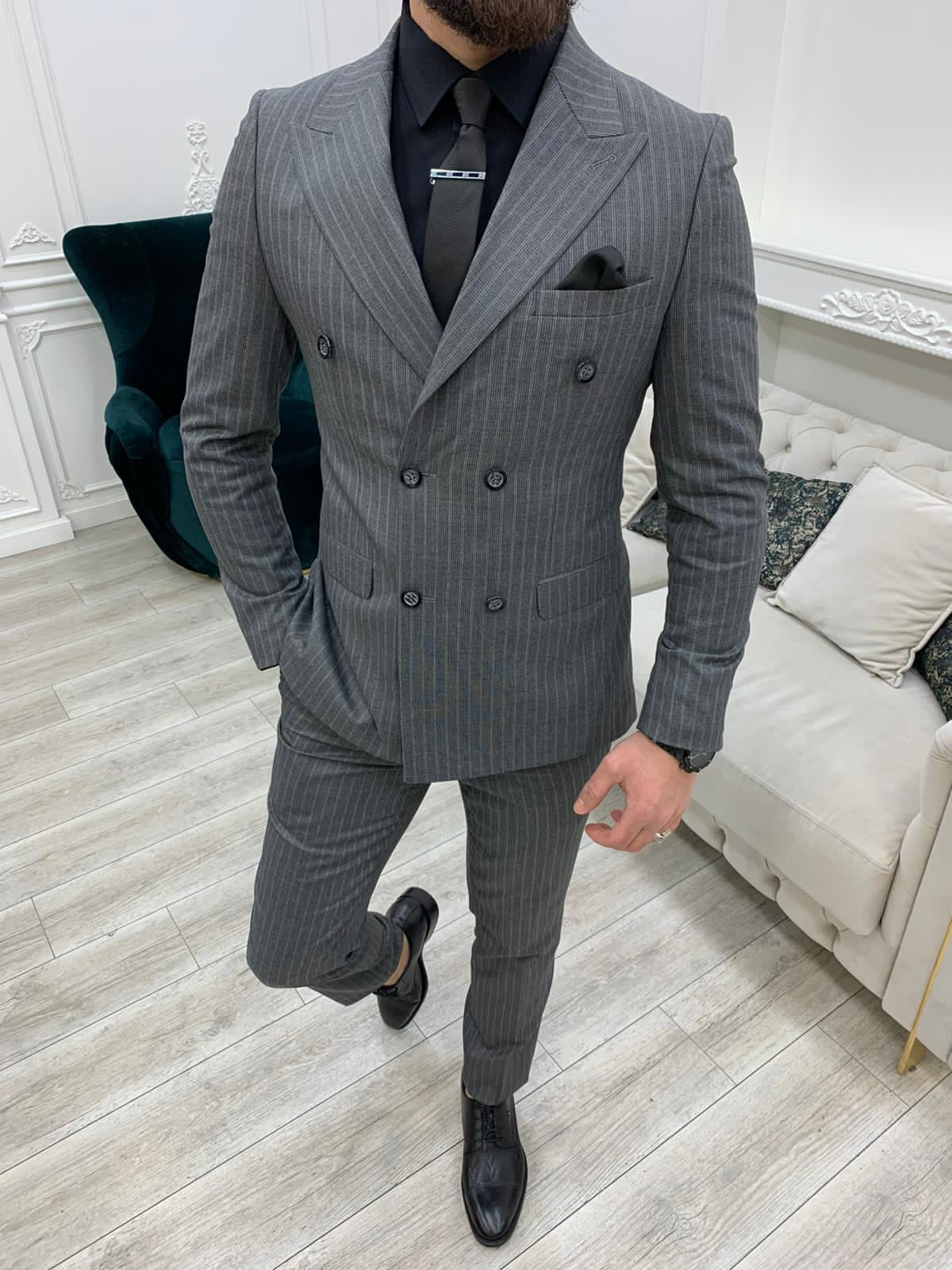 Gray Striped Double Breasted Suit – HolloMen