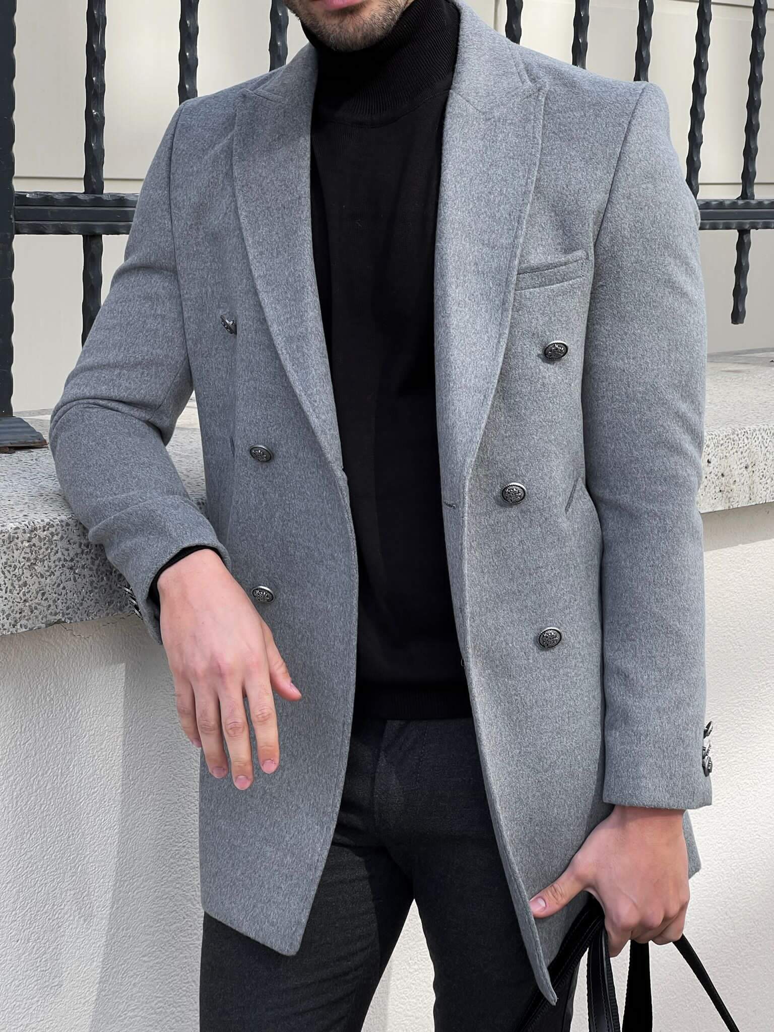 Gray Water Double Breasted Wool Coat with a sleek and sophisticated design