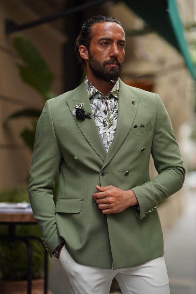 A Green Double Breasted Blazer Jacket On Display 