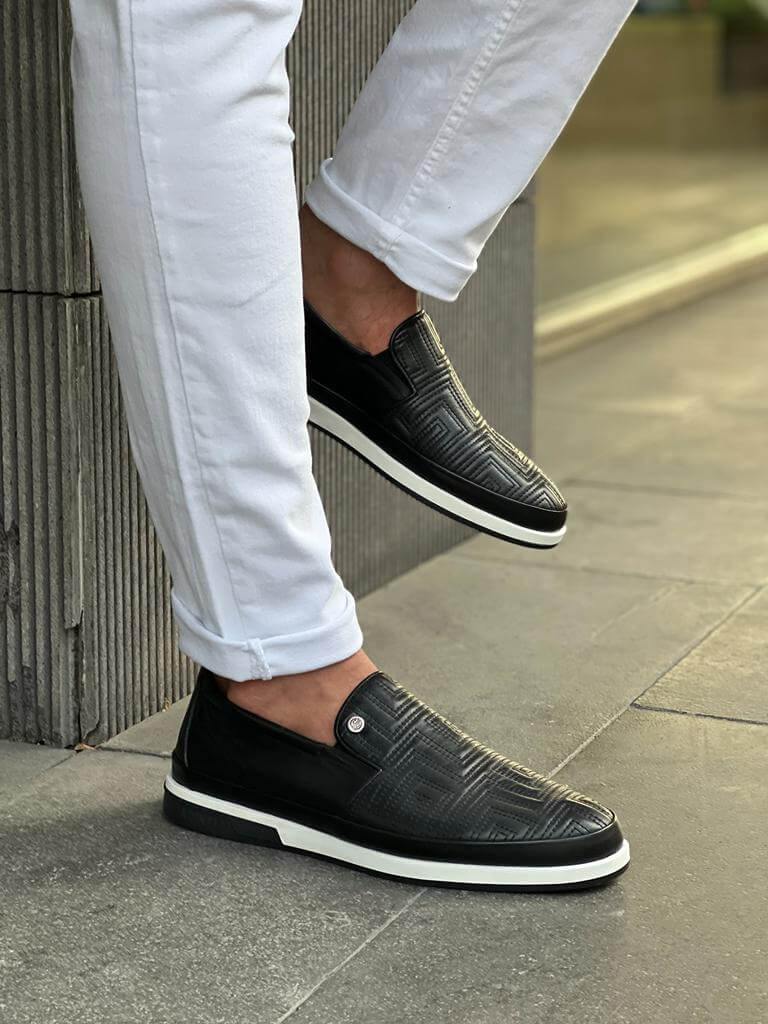Premium black leather sneakers with a checkered texture and contrasting white EVA sole, designed for modern streetwear style and comfort.