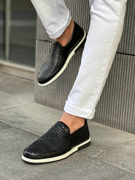 Premium black leather sneakers with a checkered texture and contrasting white EVA sole, designed for modern streetwear style and comfort.