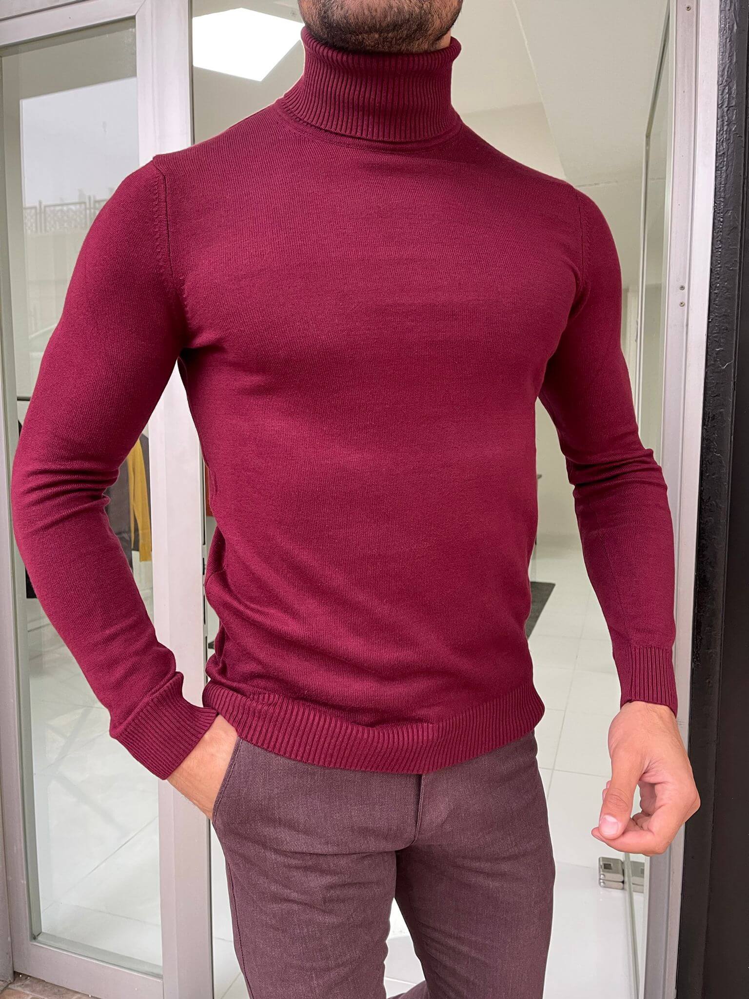 Claret Red Turtleneck sweater, featuring a high neckline and a smooth, ribbed texture.