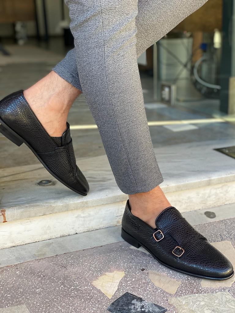 Black double buckle monk strap shoes crafted from premium leather with a neolite sole, designed for elegant fall-winter wear.