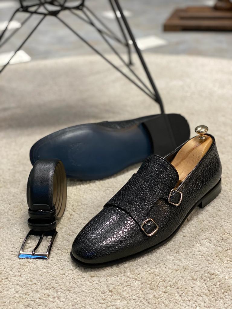 Black double buckle monk strap shoes crafted from premium leather with a neolite sole, designed for elegant fall-winter wear.