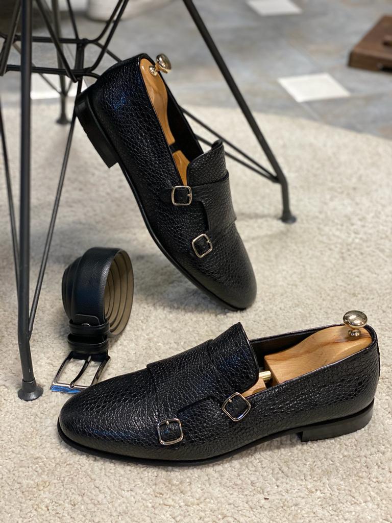 Black double buckle monk strap shoes crafted from premium leather with a neolite sole, designed for elegant fall-winter wear.