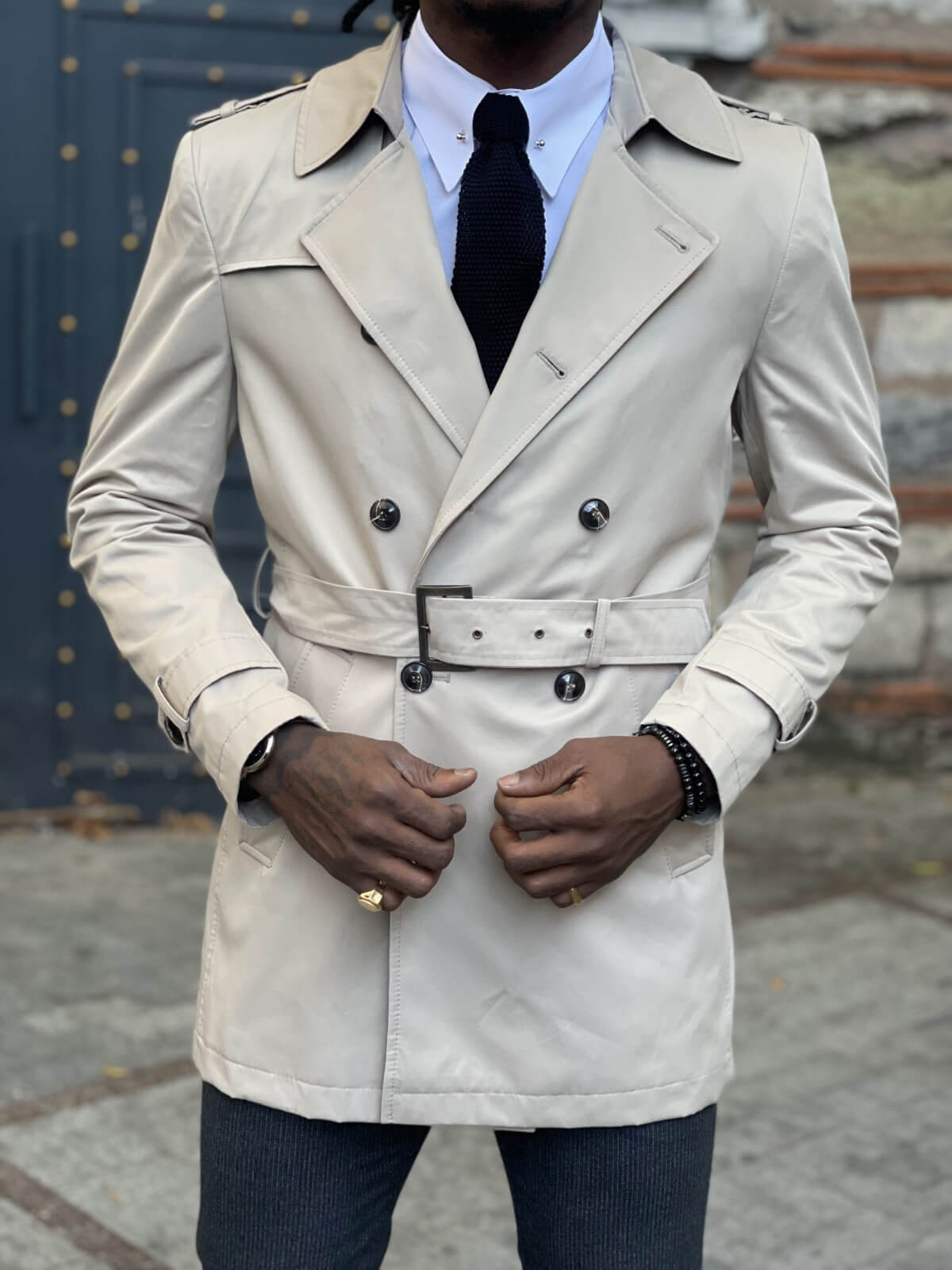 Beige Trench Coat with Button Details